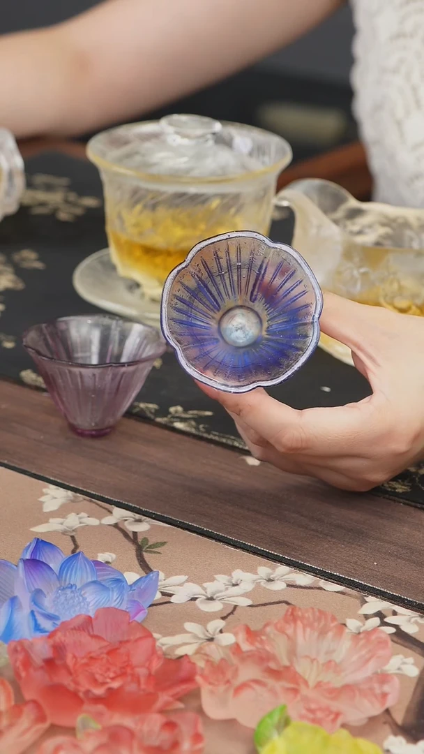 手工艺品琉璃蓝紫色花朵斗笠杯