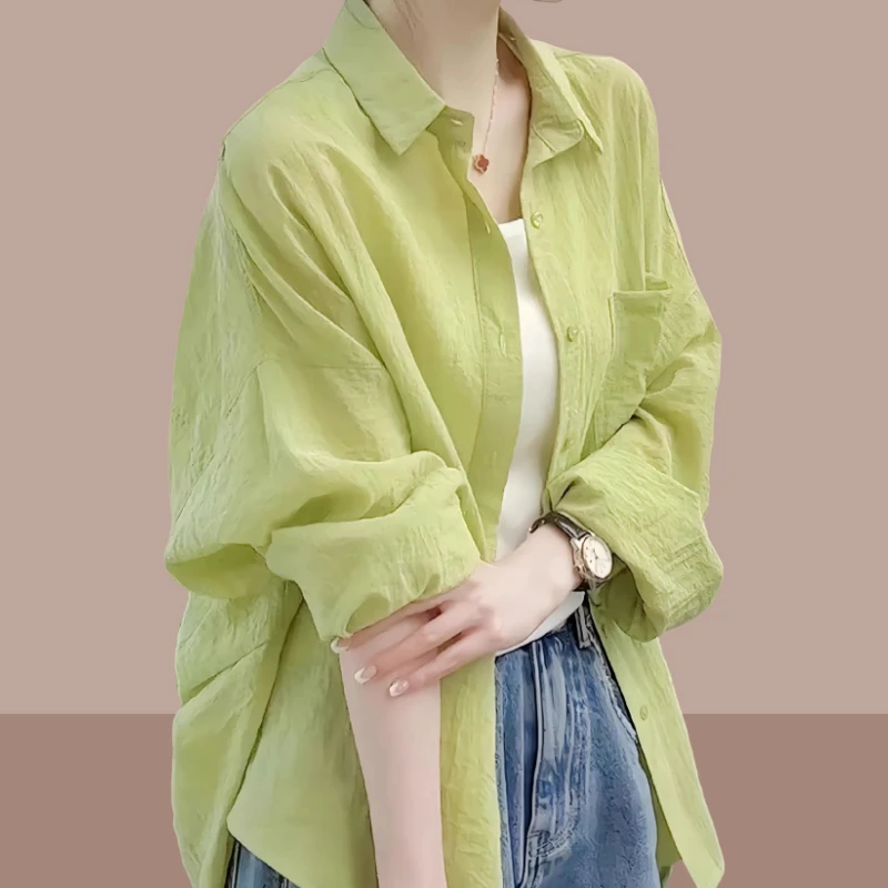 2025新款漂亮衬衫女士宽松透气薄荷绿防晒衣开衫休闲气质长袖衬衣