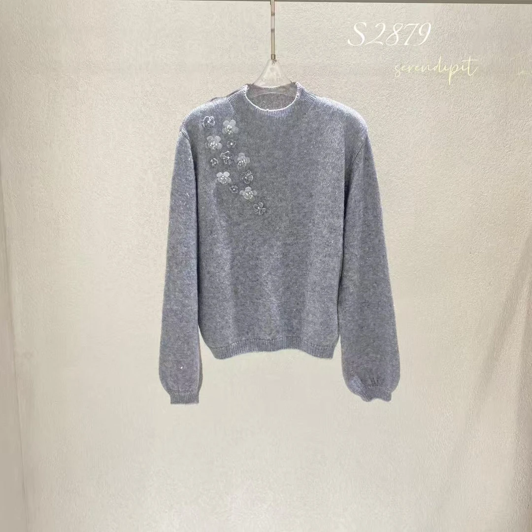 【钱老板专属】重工钉花花朵灯笼袖针织衫S2879