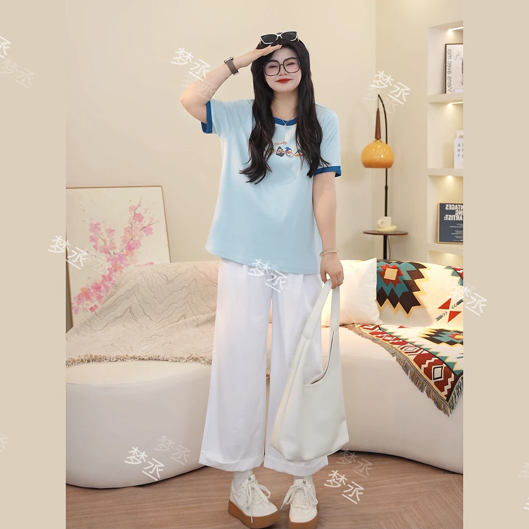 梦丞-胖妹妹大码女装显瘦休闲短袖T恤圆领撞色印花百搭上衣女
