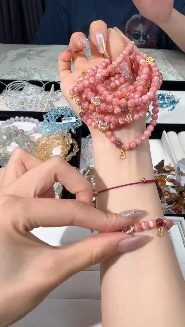 菱锰矿（红纹石）银S925镶嵌手串B033红纹葫芦镶嵌款