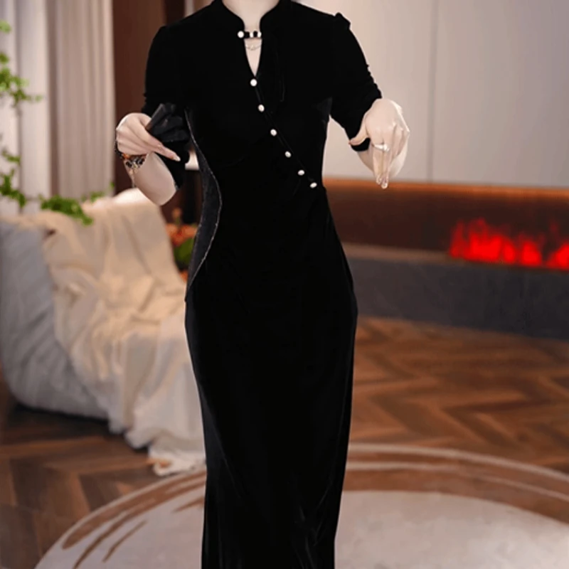 A543【连衣裙】2025早秋新款优雅女人味收腰显瘦高贵中长款连衣裙