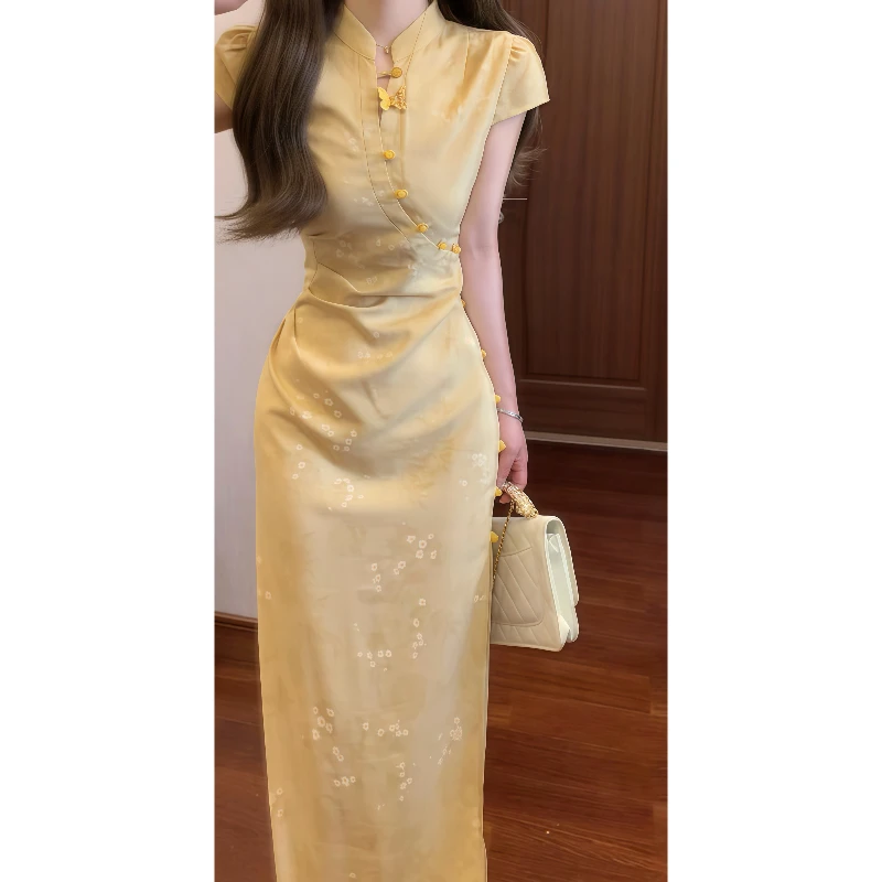【如初】新中式国风绝美鹅黄色提花改良旗袍连衣裙收腰气质长裙9634