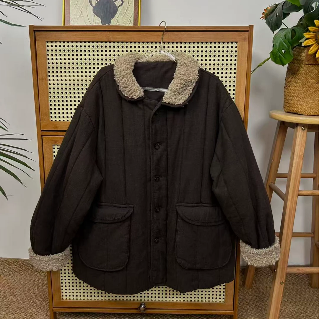 毛领秋冬麻料棉衣棉服夹棉宽松休闲百搭
