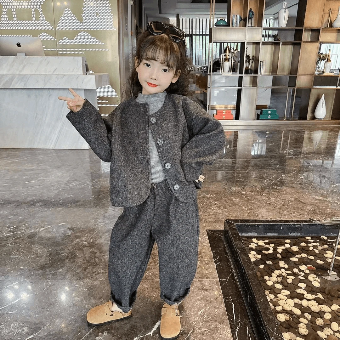 女童秋装套装2025新款洋气儿童毛呢外套女孩春秋季休闲韩版三件套