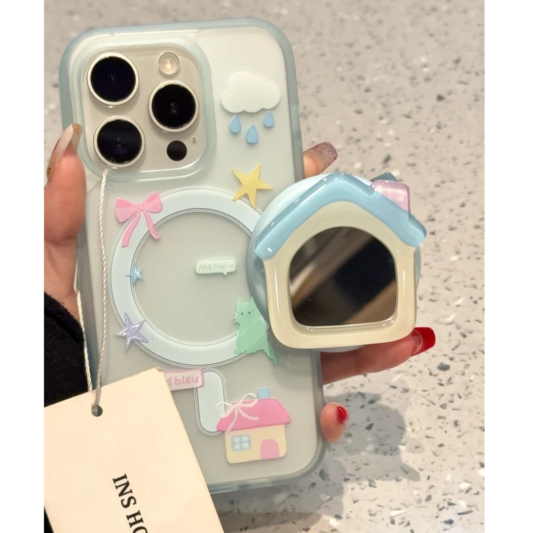 创意蓝色小屋镜子磁吸支架适用苹果16手机壳15promax小众14少女13