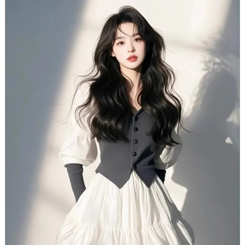 【富家千金感】灰色拼接假两件连衣裙女2025春新款法式气质绝美裙子