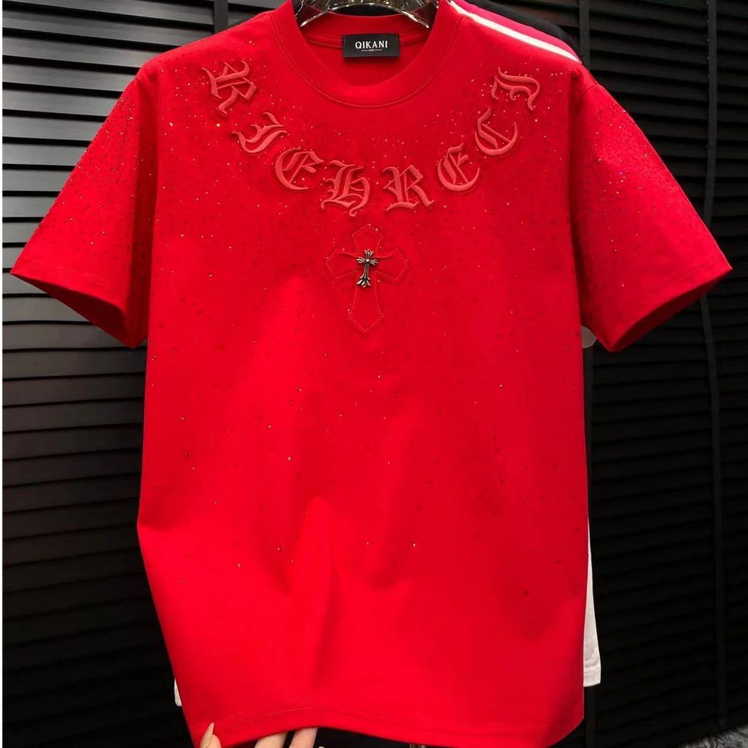 2025秋冬新款男装潮流刺绣半袖时尚百搭轻奢时尚烫砖短袖潮牌T恤