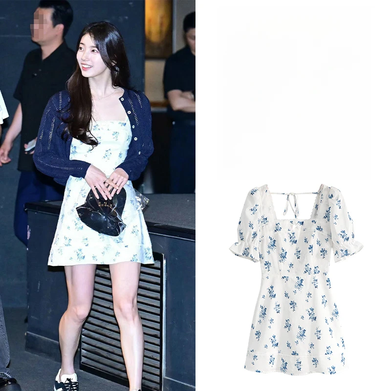 Miss Judy秀智同款藏青色针织开衫时尚法式印花收腰短款连衣裙夏