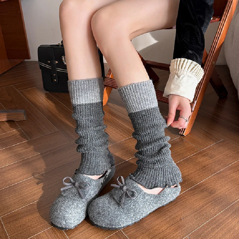 小腿堆堆袜套女日系秋冬针织显瘦毛线护腿套加厚保暖撞色拼接灰色