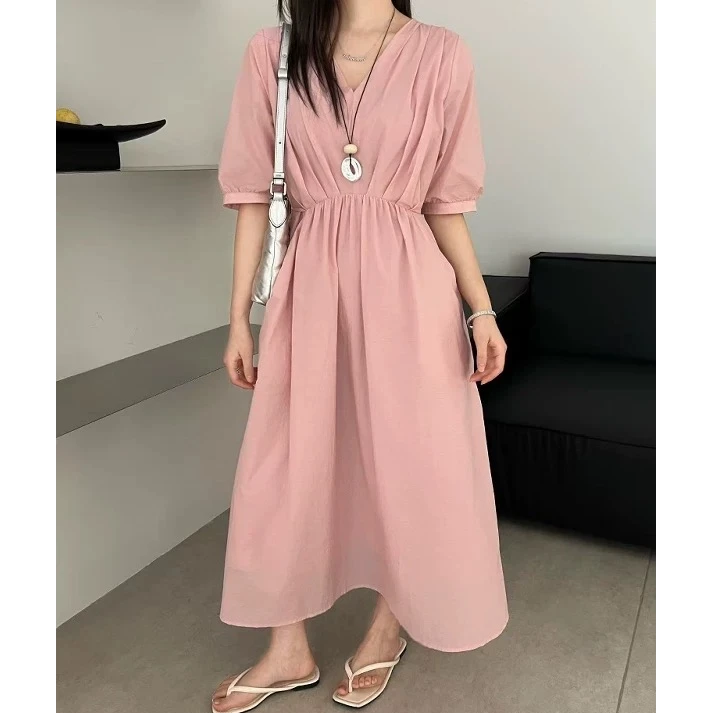 [子系女装]2025新款法式连衣裙！V领褶皱淑女风收腰A字显瘦长裙