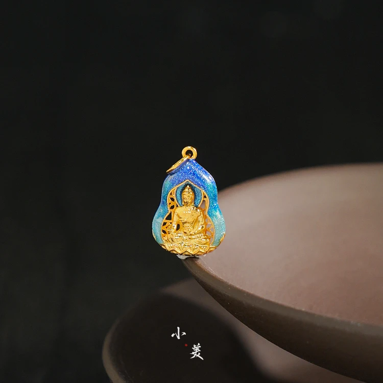 18K金烧蓝药师佛吊坠 G81290
