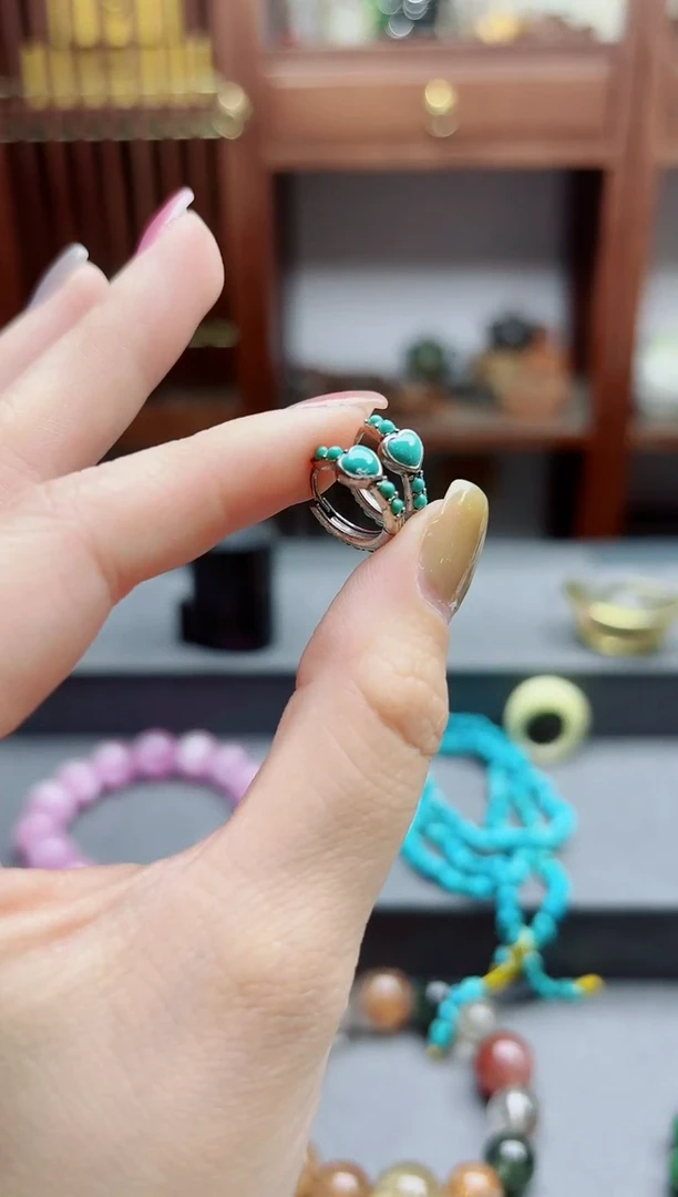 银S925镶嵌绿松石耳饰s925银松石爱心耳扣GW