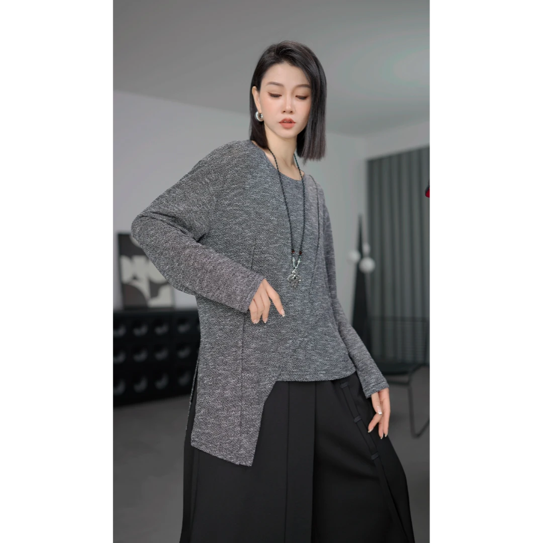 鑫鑫2025秋季新款韩版简约不规则设计感宽松显瘦百搭圆领T恤21156