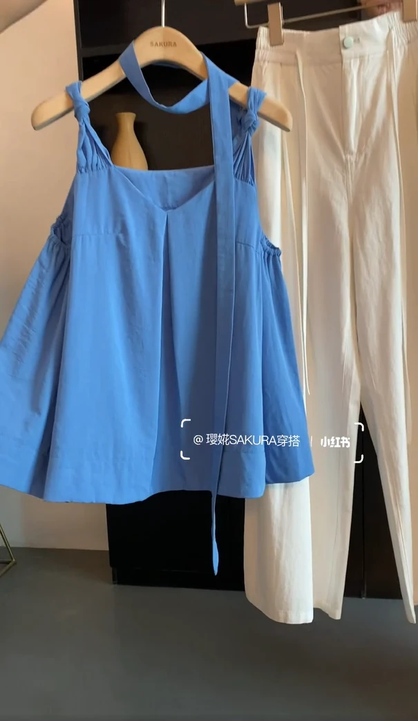 2025夏季新款纯欲度假风飘带扭结吊带背心女上衣慵懒宽松无袖衬衫