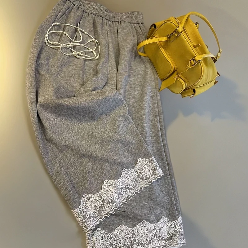 大萍子家 花边蕾丝拼接九分阔腿裤显瘦宽松休闲百搭1841