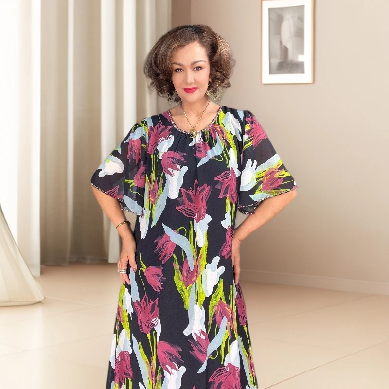 【包邮】印花中袖套头长裙连衣裙碎花显瘦设计师乔其纱连衣裙#AF215