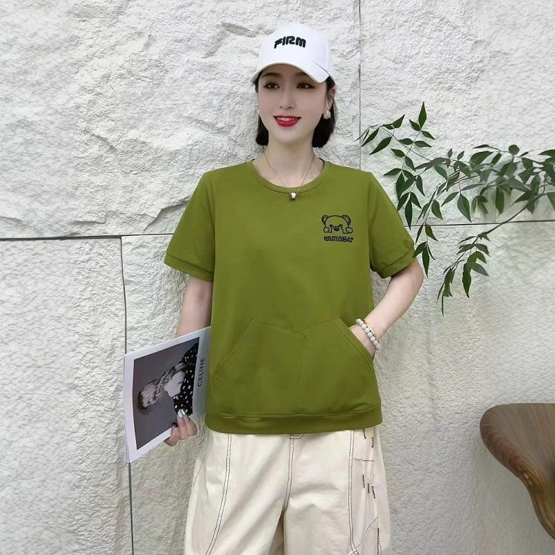 04夏季新款舒适吸汗精梳棉绣花休闲圆领短袖T恤大码