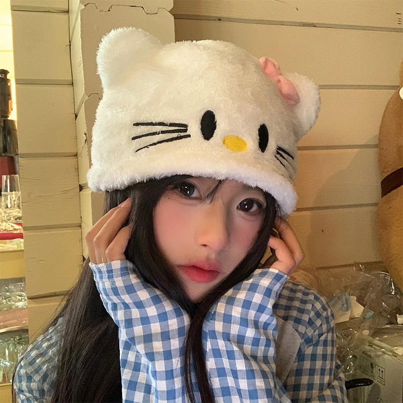 卡通可爱Kitty猫咪毛绒帽子女款秋冬季显脸小包头帽大头围护耳帽