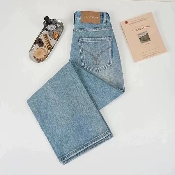 【现货+运费险】2025夏新款雾霾蓝窄版阔腿高腰垂坠直筒牛仔裤女