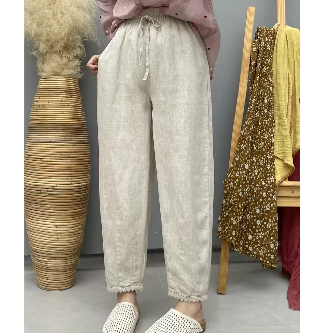 文艺亚麻哈伦裤女九分裤2025夏季新款宽松高腰休闲花边裤小脚裤