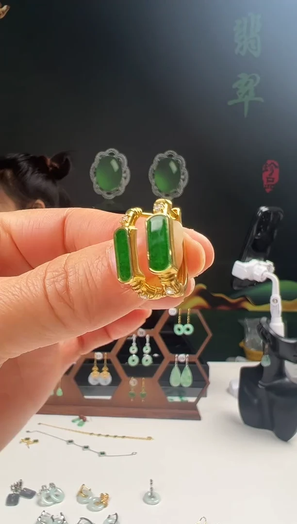 银S925镶嵌翡翠耳饰哒*001
