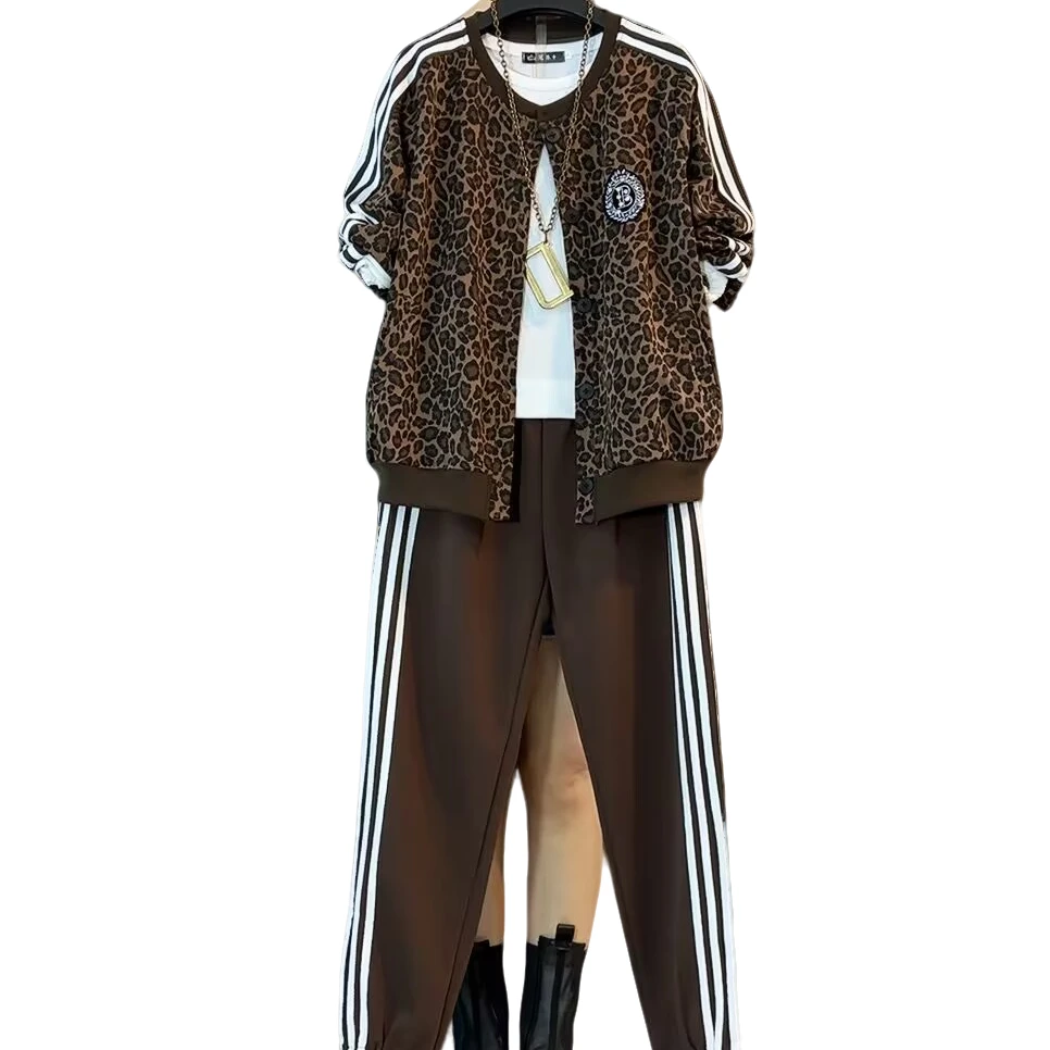 大维罗依HYS欧货秋装新款豹纹图案洋气百搭休闲套装