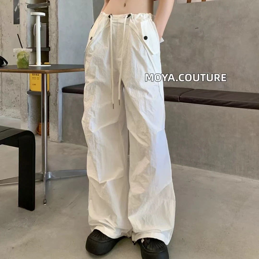 设计感美式白色抽绳速干工装裤女夏季新款宽松直筒阔腿休闲裤