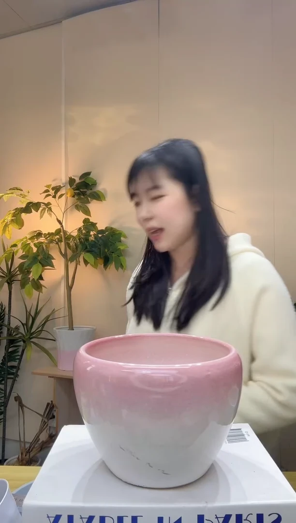 陶瓷花盆 渐变粉 苹果盆 口径18/高度12