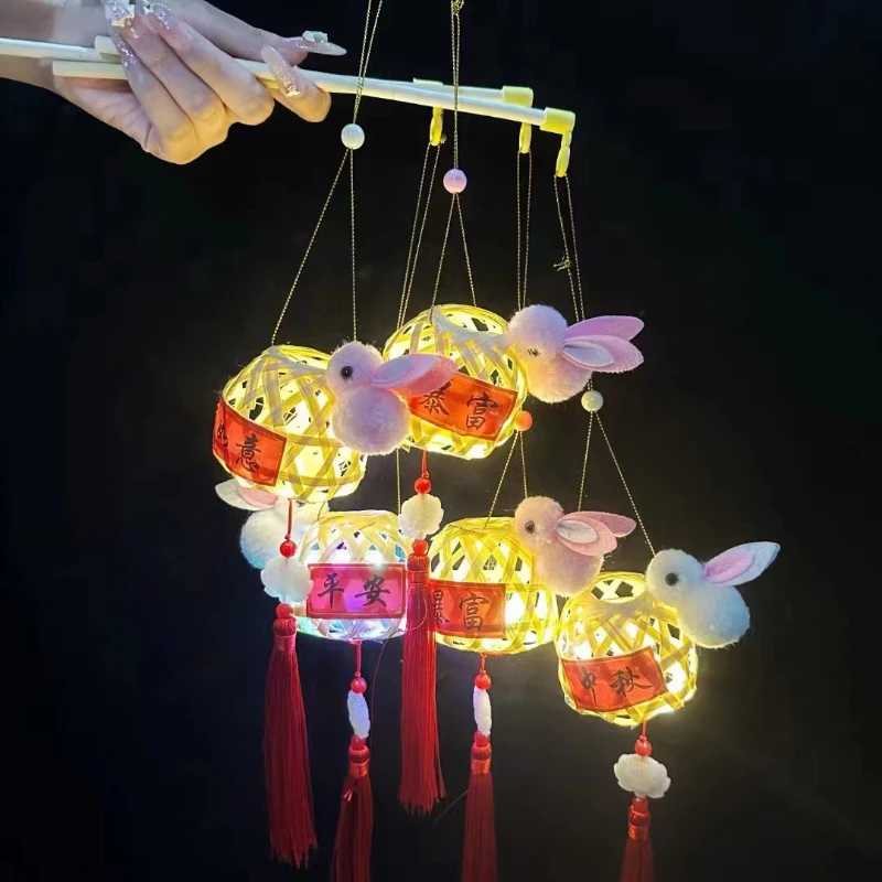 中秋节竹编儿童兔子手提发光古风宫灯小花灯