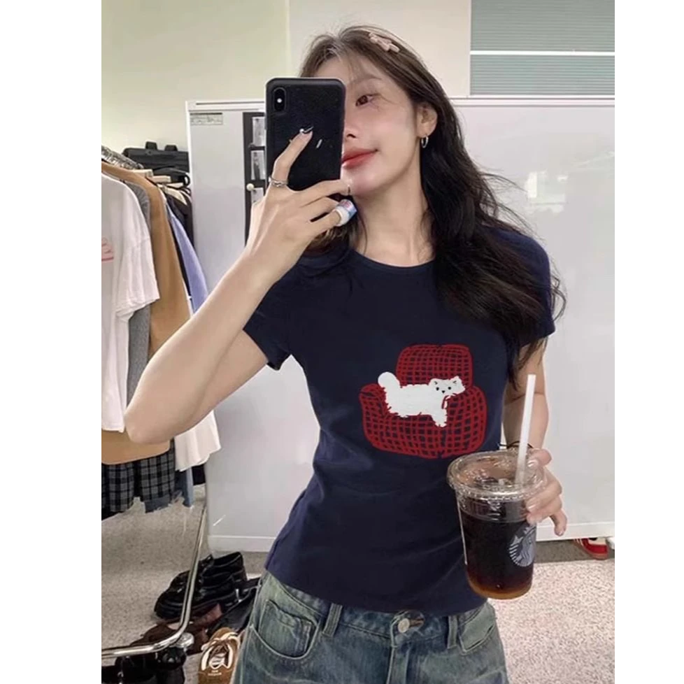 【UBKA】美式复古正肩短袖T恤女夏季新款小众设计感修身高级感上衣