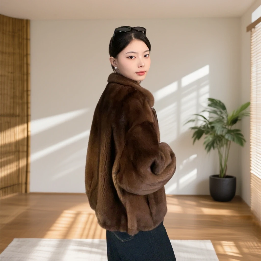 毕诗恋 进口短二母貂拉链短款双面服 时尚简约款