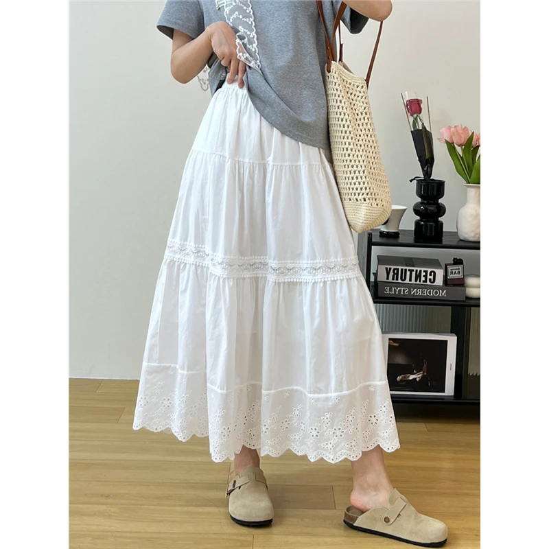韩系甜美蕾丝花边拼接小白裙半身裙女夏季中长款小个子百搭A字裙