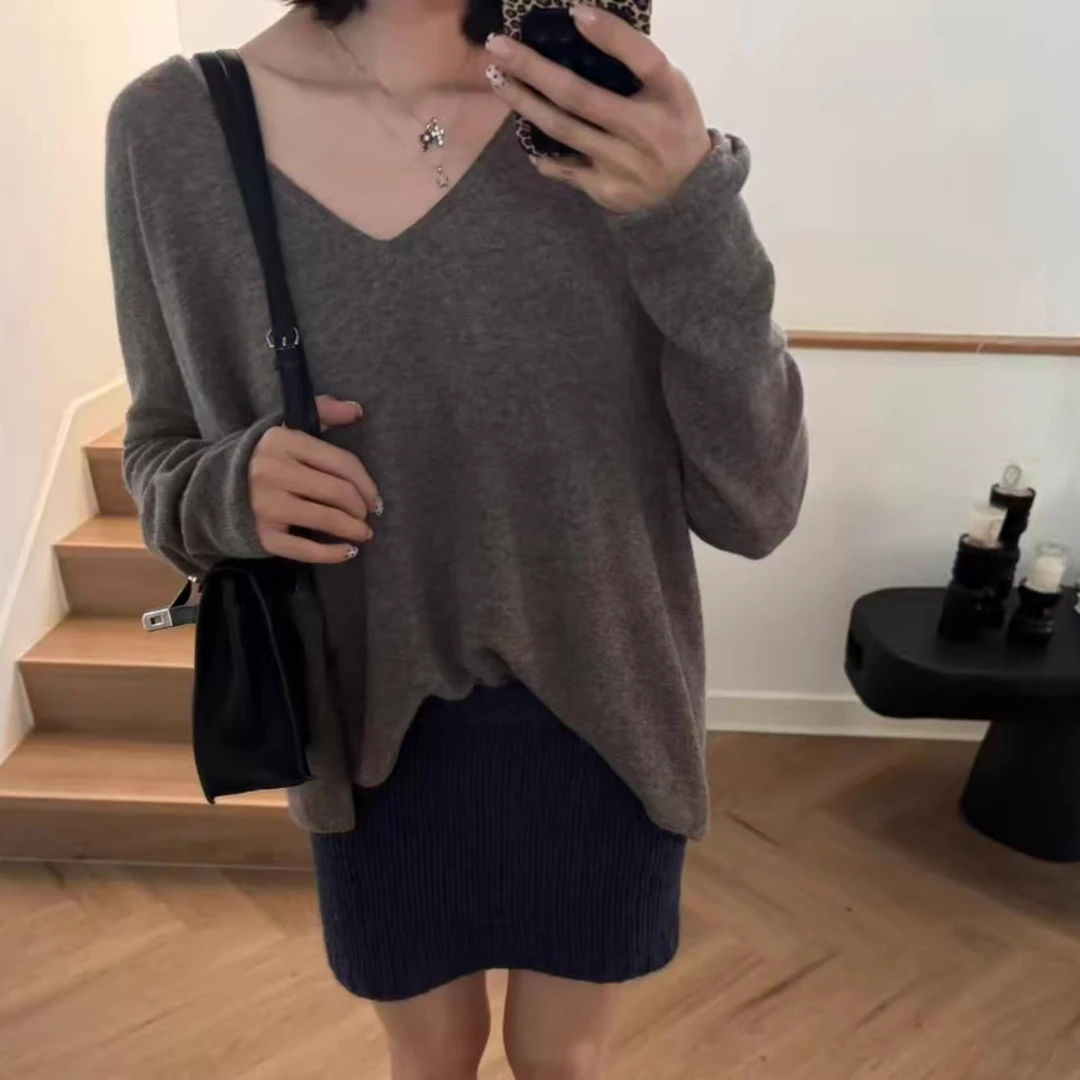 高端货~2026年春秋慵懒针织开衫V领针织上衣蓝色半身裙套装