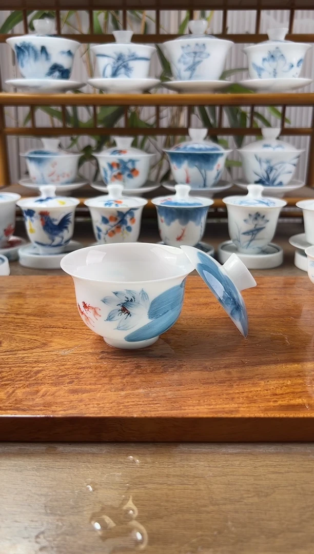 微瑕高冰夏荷二才布袋盖碗130ml