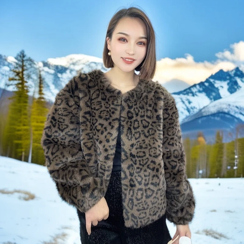 【淼姐专属】貂绒皮毛一体圆领豹纹拉链短款外套皮拼毛名媛气质百搭
