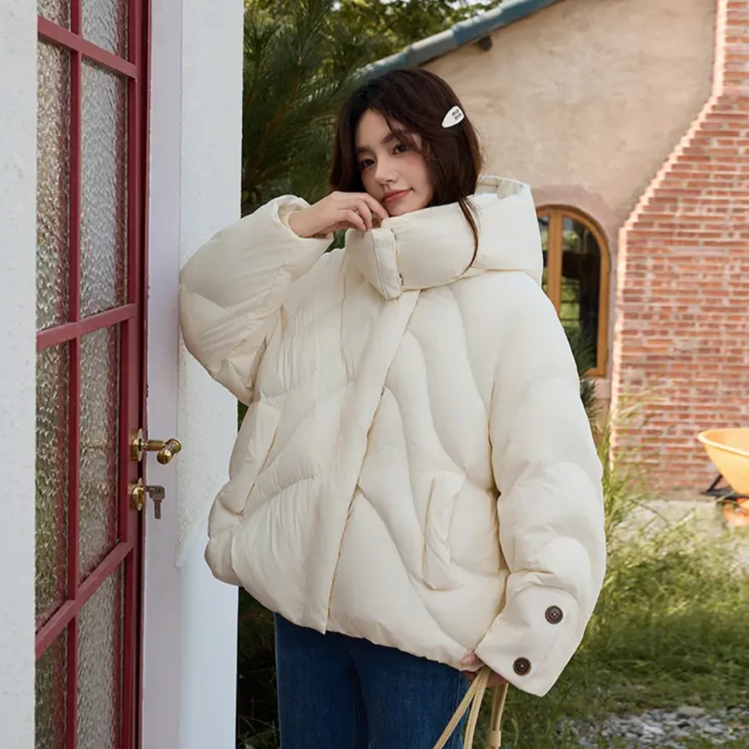 1冬季长款鸭绒女立领轻暖羽绒保暖外套穿搭时尚纯色面包服