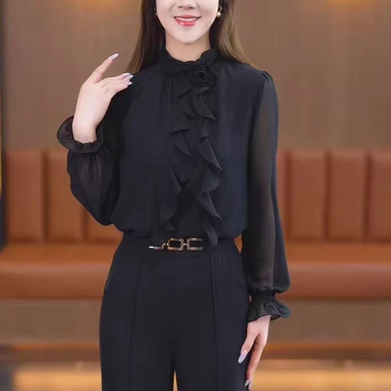 2025早秋新款纯色衬衫时尚百搭气质小衫洋气女士上衣6061长58