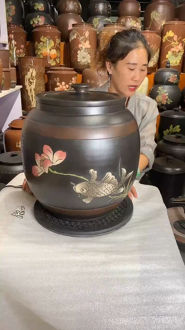 彩填五号茶缸米缸荷花鱼图