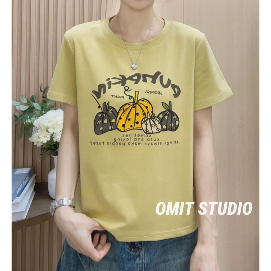 【小南瓜黄T2】新款正肩弹力棉印花透气韩版常规短袖