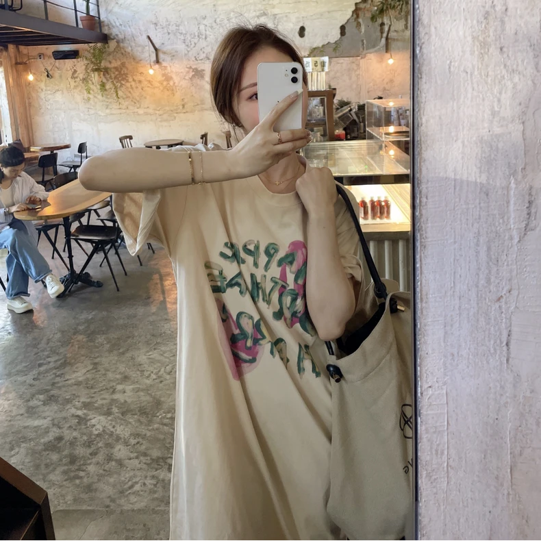 粉色心跳 韩版纯棉ins印花宽松圆领夏季休闲中长款懒人T裙慵懒风