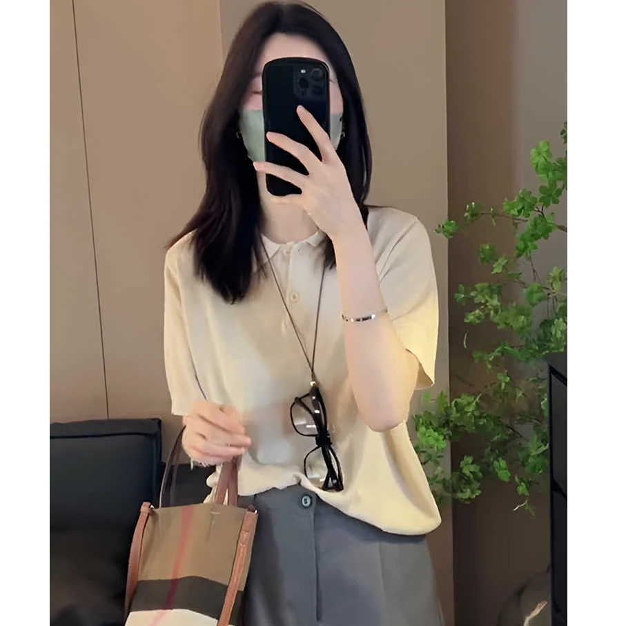 韩系polo领短袖针织t恤女2025新款夏季洋气独特小众设计感上衣女