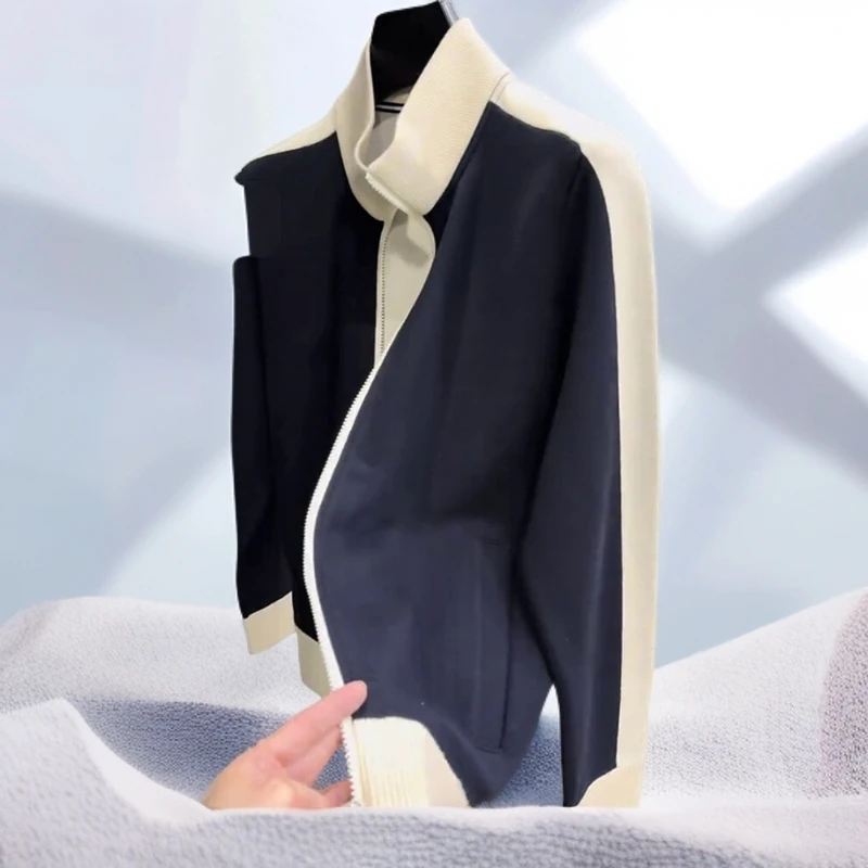 宾斯洛特大码潮牌男士秋冬百搭时尚撞色开衫拉链针织立领长袖上衣