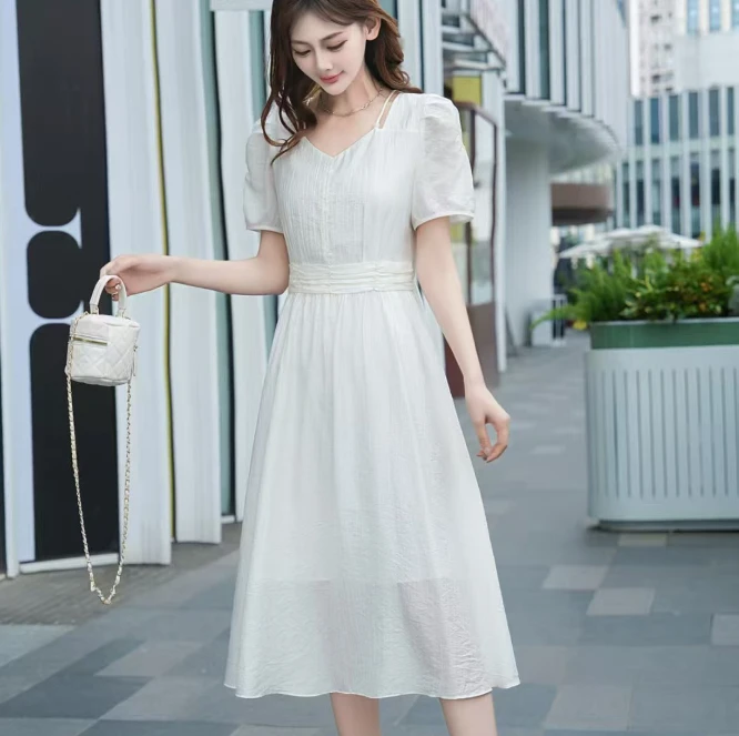 2569#白【木兮兮专属】2025年夏季新气质显瘦时尚减龄中长款连衣裙