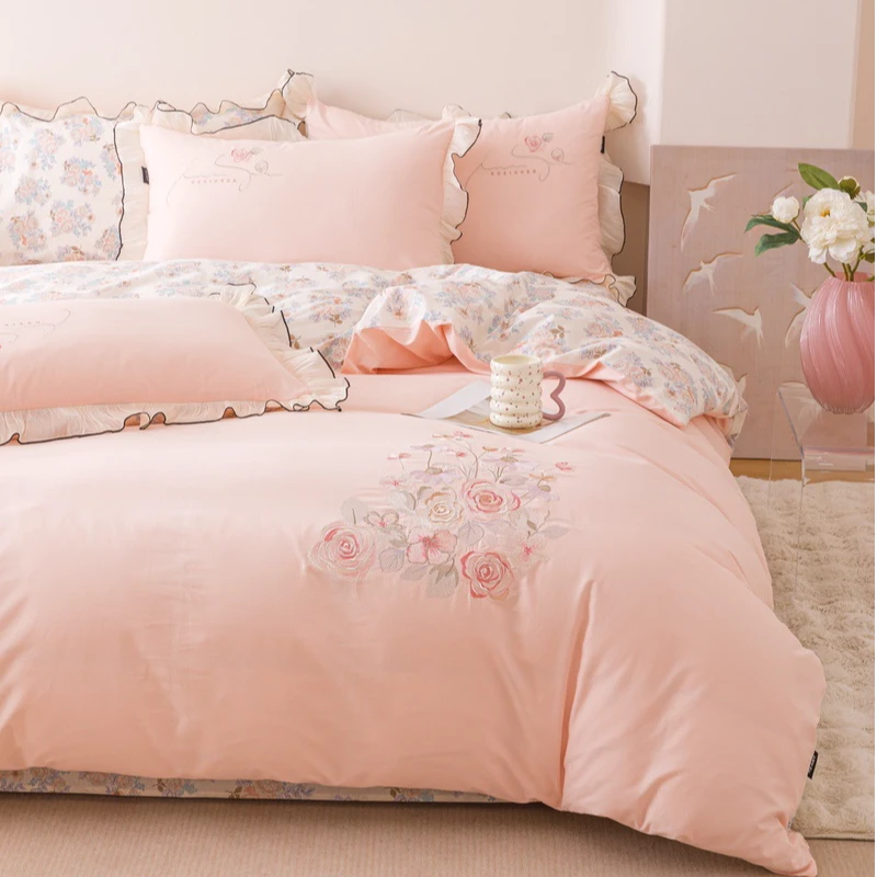 【茉夏花朵】法式全棉刺绣雪纺花边纯棉100%棉四件套小清新