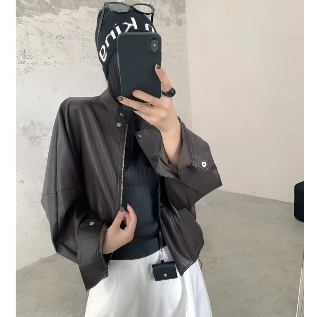 秋季宽松型薄款休闲上衣宽松黑色复古擦色机车皮衣