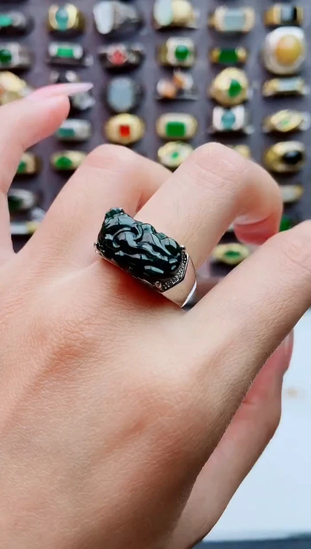 银S925镶嵌戒指翡翠天然翡翠男戒