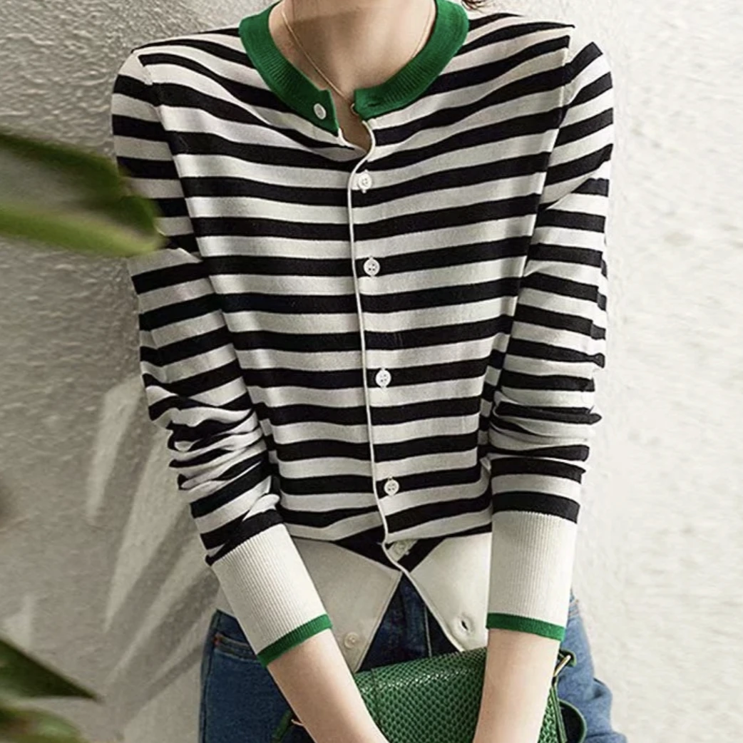 2025春季新款羊毛时尚条纹拼色针织开衫