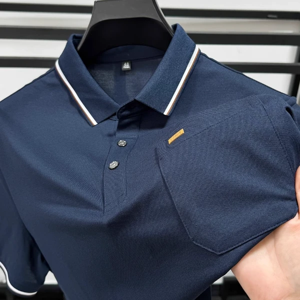 CATIA SELI夏季口袋短袖t恤男长绒棉翻领POLO衫商务休闲纯色体恤