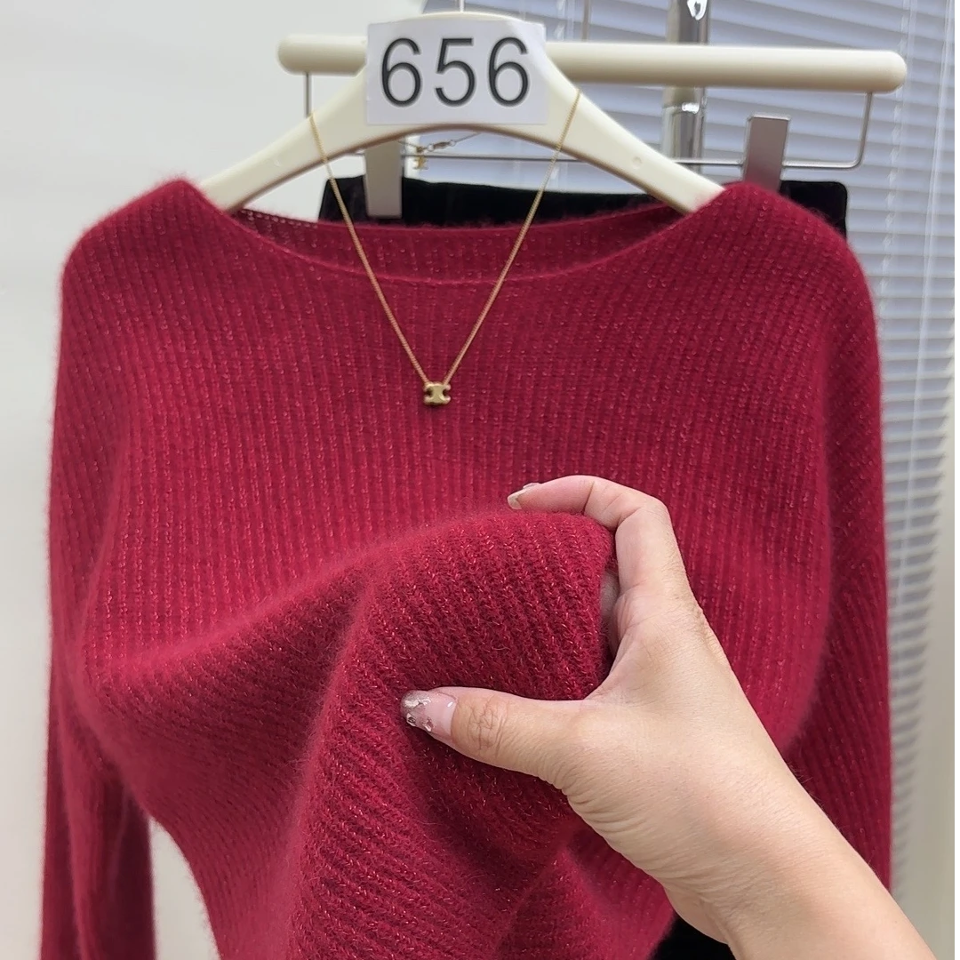 小一字领】金银丝韩版宽松慵懒风厚款时尚气质女士全羊毛衫-1229